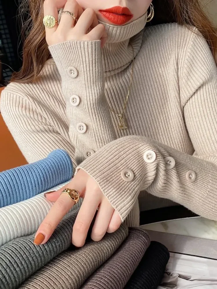 

2025 Women Long Sleeve Casual Slim Pullover Button Solid Basic Knitted Tops Turtlneck Sweater Korean Fashion Simple Chic Clothes