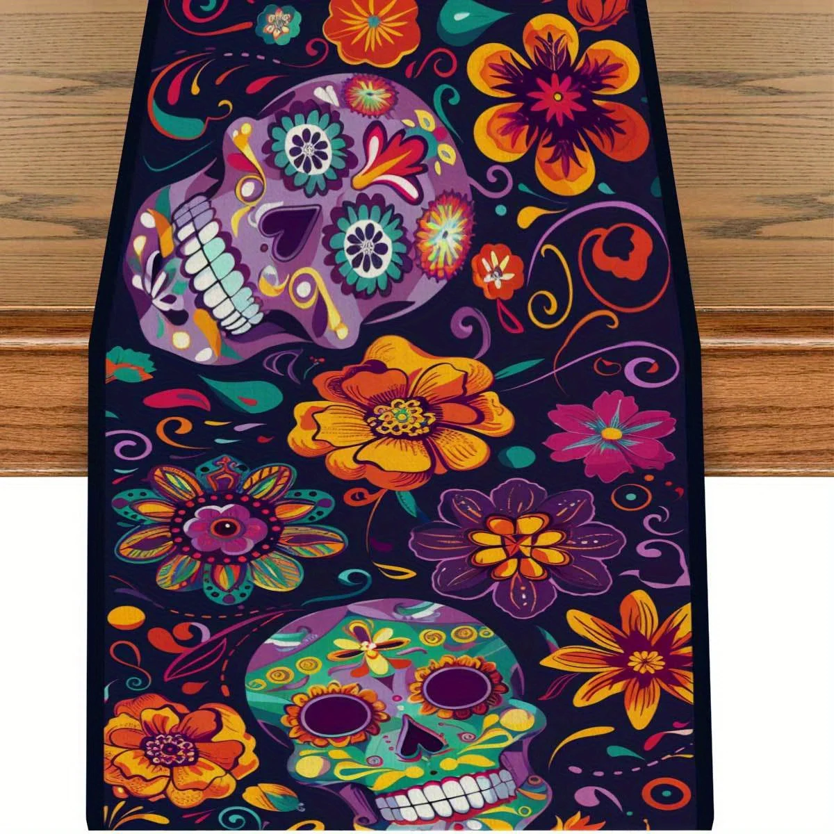 Mexican Day of The Dead Linen Table Runner for Table Decor Mexico Colorful Floral Skull Purple Table Runners Fiesta Party Decor