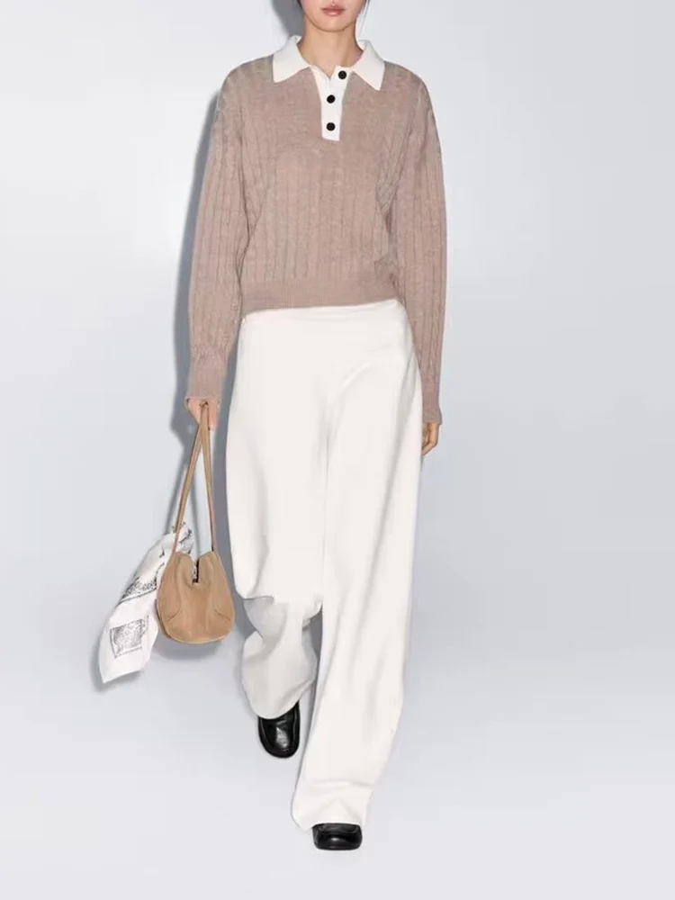 

European style new women's fashion all-match temperament polo collar twist long sleeve sweater knitted cardigan