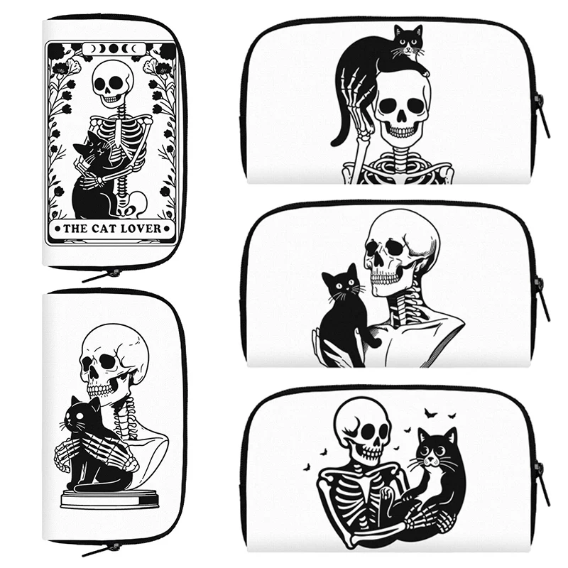 Funny Skeleton and Cat Print Wallet Cat Lover Skull Coin Money Bag Long Wallet Credit Card Holder Small Storage Bag Clutch Gift