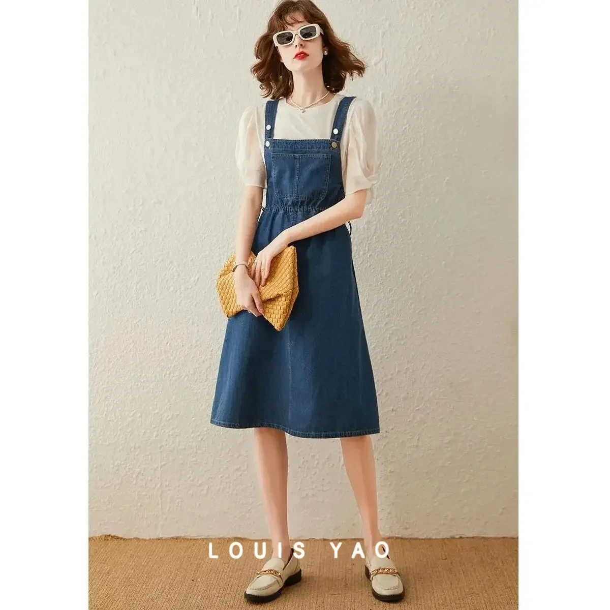 

Models Fashion Casual Denim Back Dress Adjustable Shoulder Straps Rubber Band Drawstring A-line Women's Dresses Female Clothing