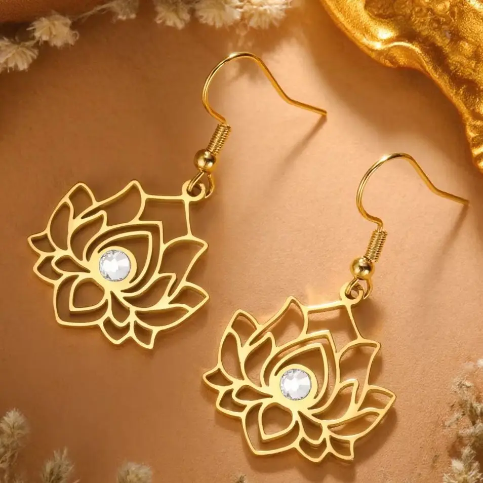 Dawapara Lotus Flower Earrings Zircon Spiritual Lotus Healing Charms Buddhist Yoga Jewelry Stainless Steel Dangle Earrings