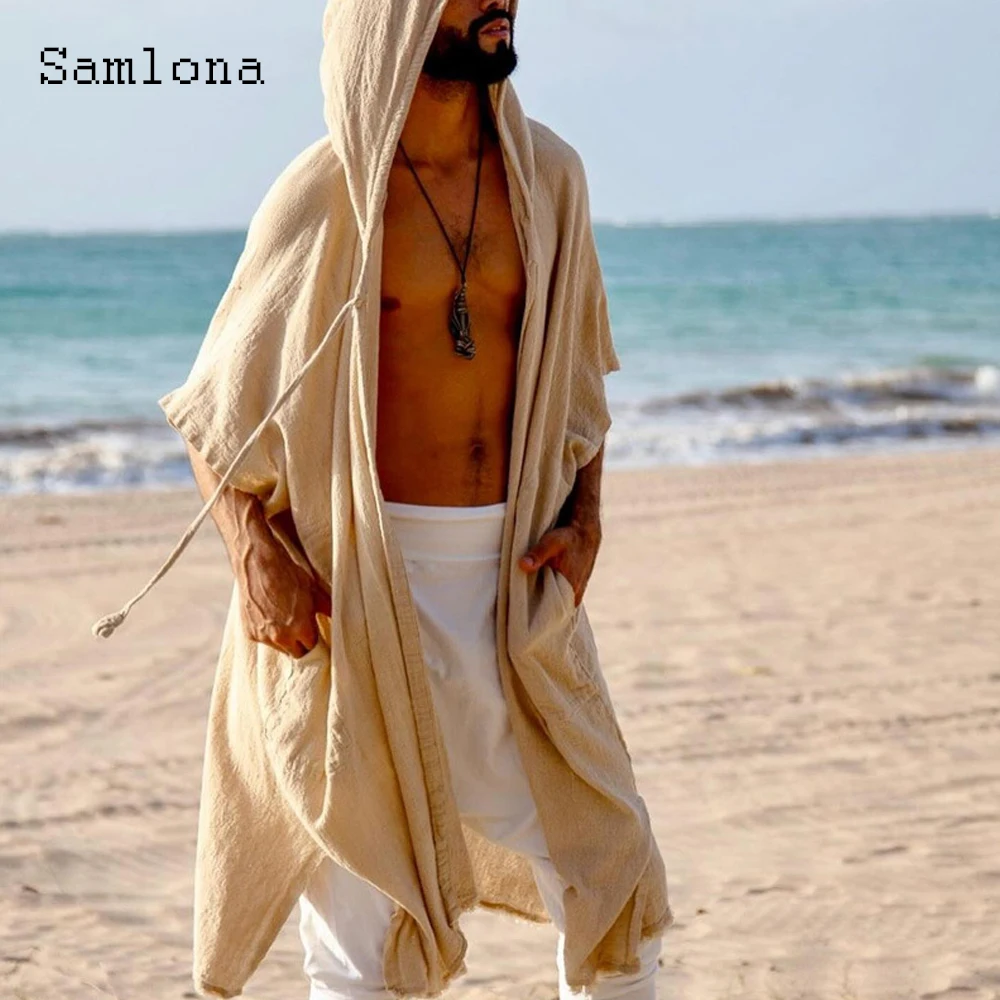 

2026 Men Casual Beach Long Trench Coats Apricot Hooded Top Outerwear Vintage Basic Overshirt Male Half Sleeve Basic Cardigan New