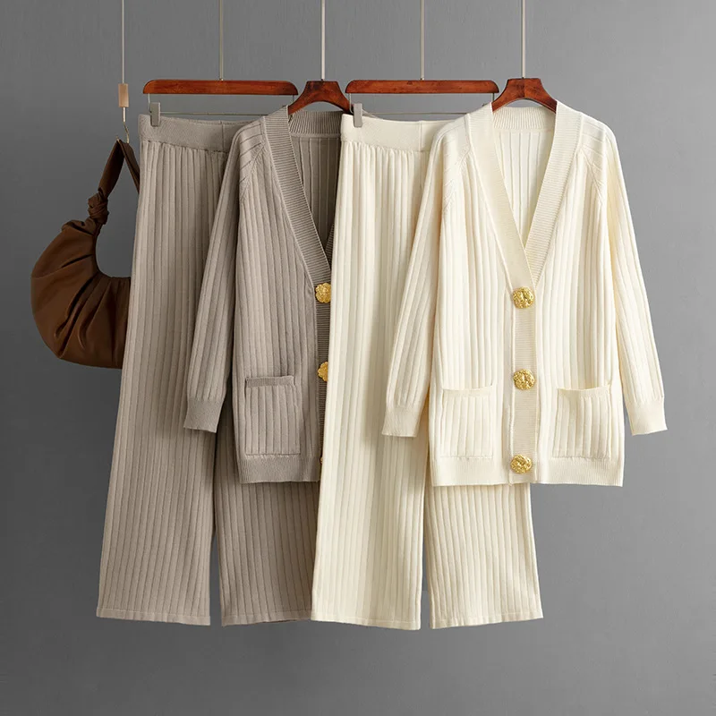 

European and American Style Autumn Winter Solid Color Loose Metal Button Cardigan + Wide-Leg Pants Two-Piece Set Women