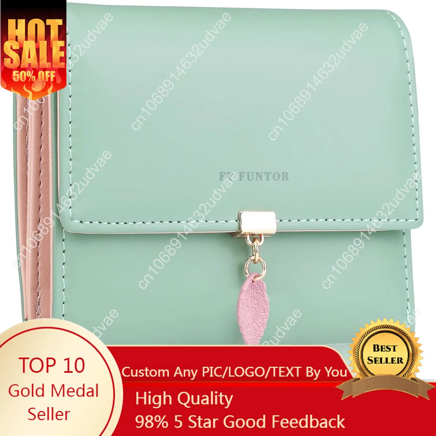 

FT FUNTOR RFID Wallets for Women, Leaf Card Holder Trifold Ladies Wallets Coins Zipper Pocket with ID Window Green