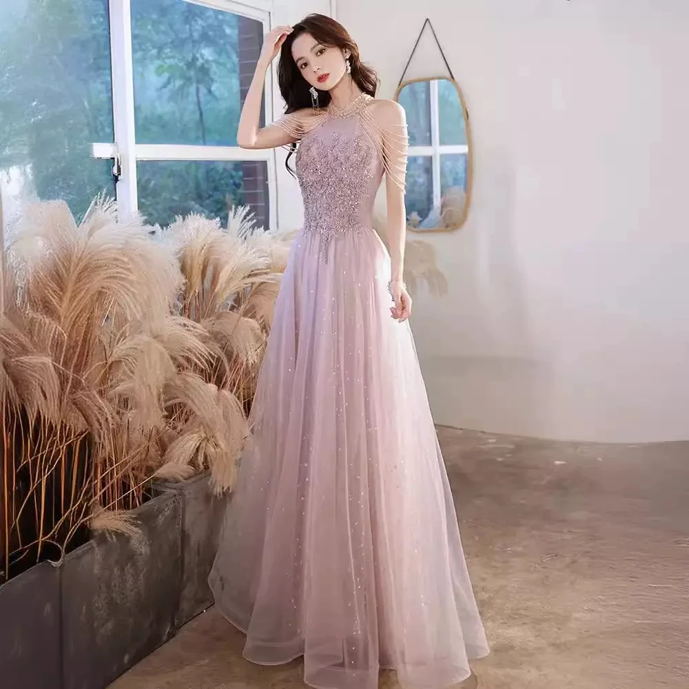 

Pink 2025 New Sequined Evening Dress For Women Light Luxury Halter Beading Appliques Prom Dress Homecoming Vestido De Novia