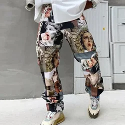 Pantalones informales de cintura media para hombre, ropa de calle con estampado, rectos, sueltos, a la moda, longitud completa, primavera y otoño