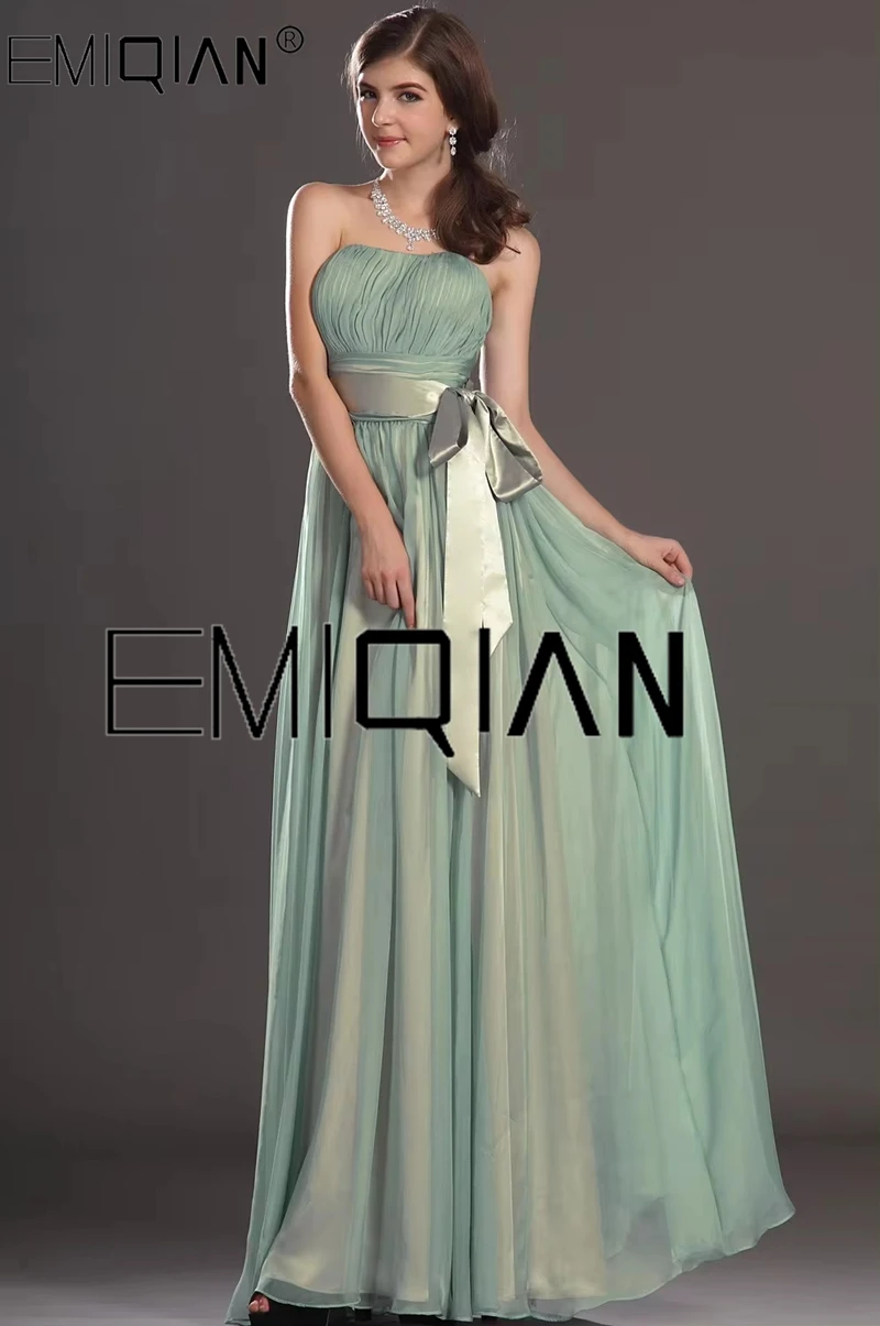 Customizable Strapless A Line Chiffon Long Bridesmaid Dress Simple Evening Dresses with long Sash