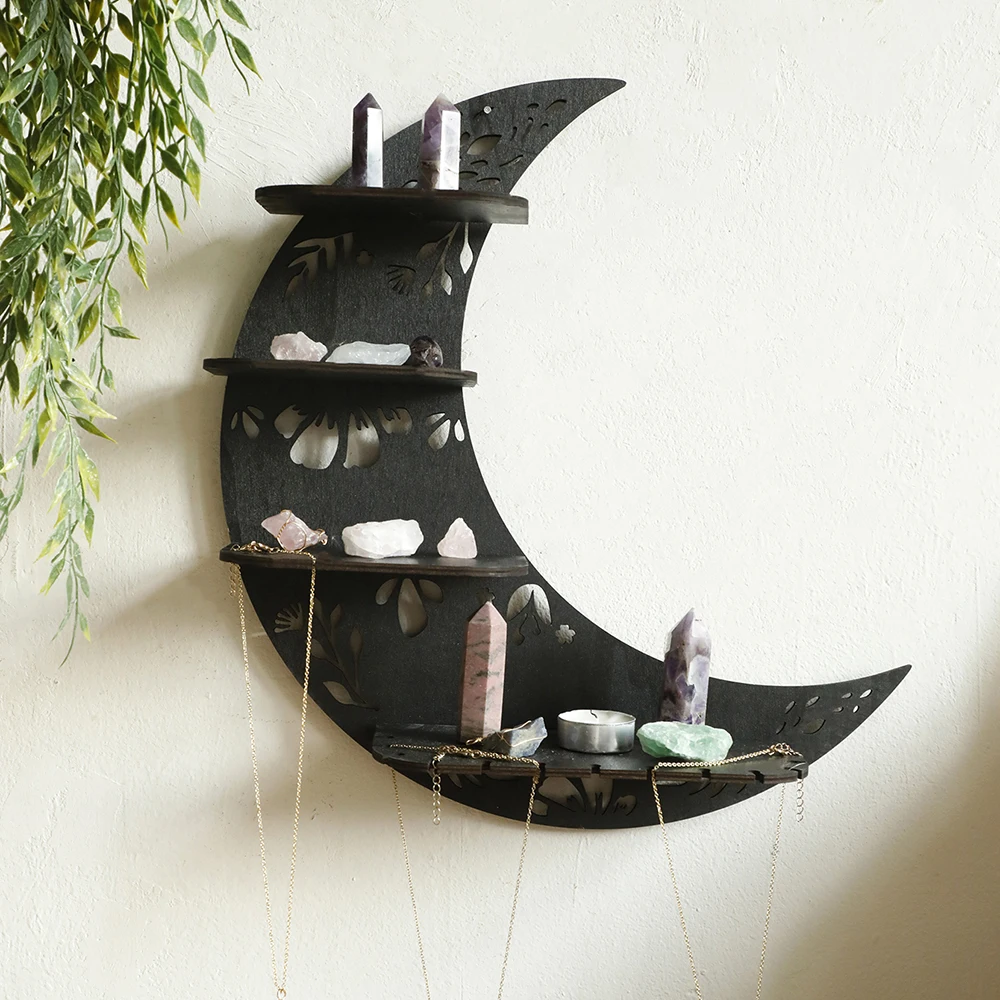 4-Tier Black Moon Wooden Floating Wall Shelf, Gothic Crystal Display Rack, Home Decor for Bedroom Living Room Decor
