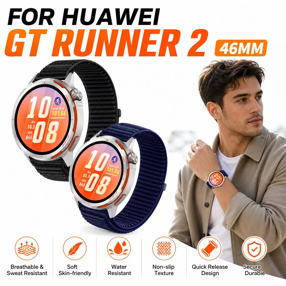 22MM Nylon Wristband Compatible with Huawei GT Runner 2 Adjustable Durable Magic Buckle Nylon Watch Band for Huawei GT Runner 2