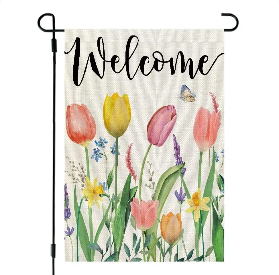 Spring Floral Tulips Garden Flag for Outside 12x18 | Weather resistant, double-sided welcome small yard flag. Spring floral  llp