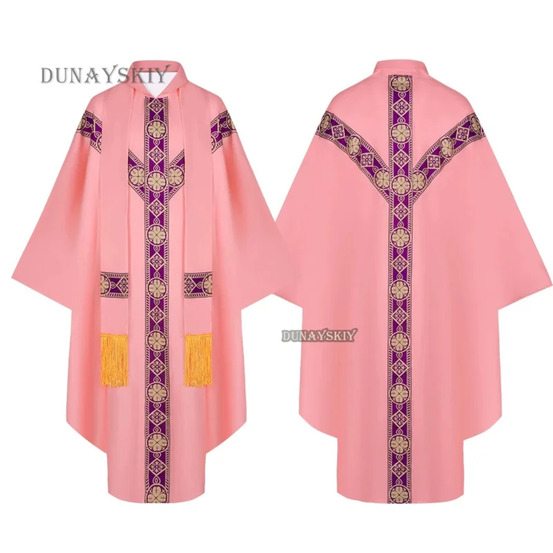 2024 جديد الكاهن الاحتفال Chasuble الكنيسة الكاثوليكية الأب الشامل سترة رداء مع شرابة رجال الدين فستان الحفلات رداء