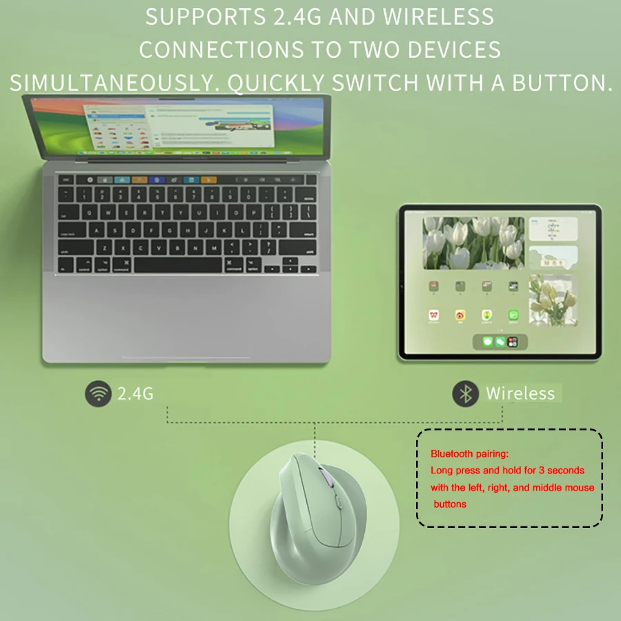 Ergonomic Bluetooth5.0 Dual Modes Vertical Mouse with Silent Buttons,Rechargeable 1600DPI Wireless Office Mice for PC/Laptop