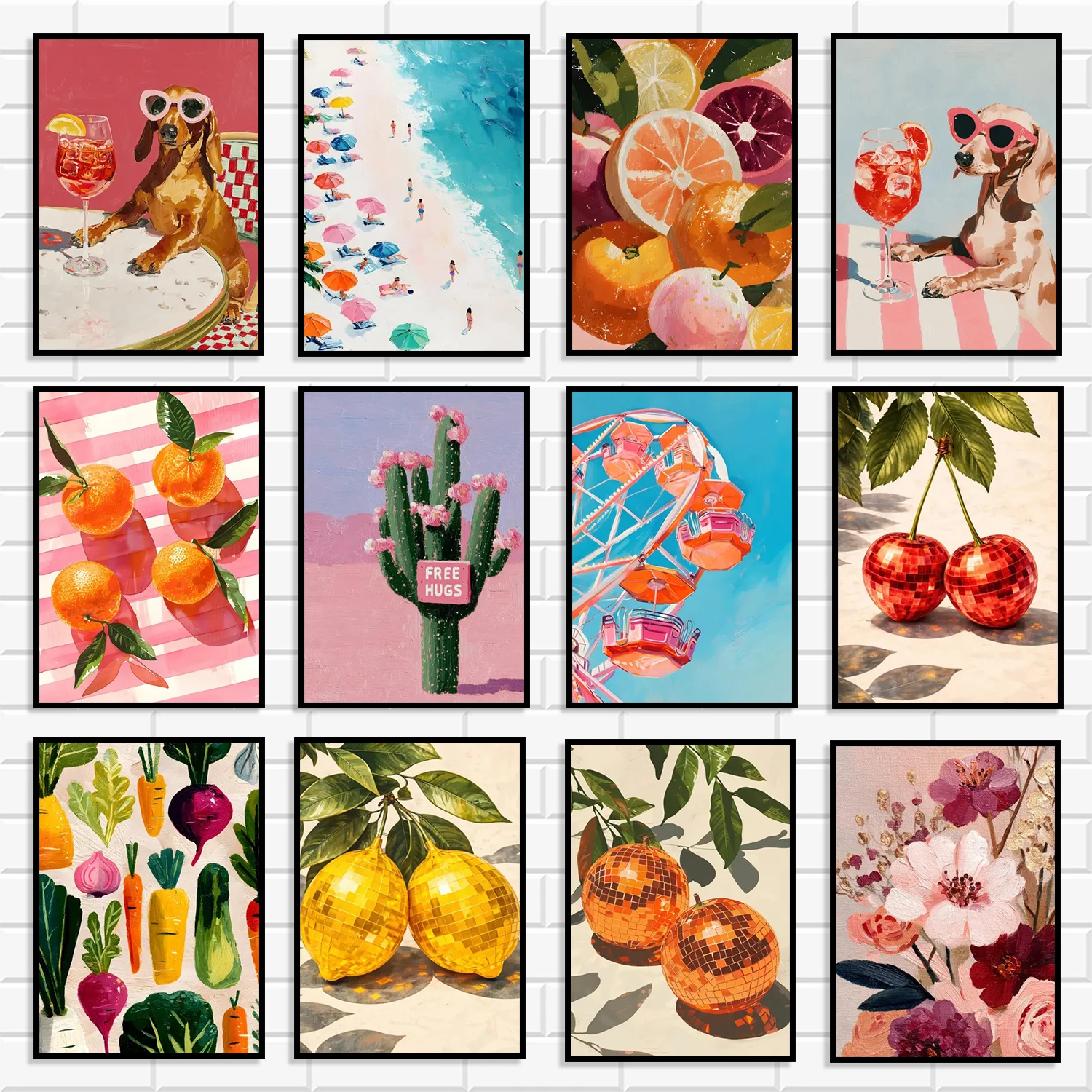 Pink Retro Dopamine Style Diamond Wall Art Set Cute Dachshund Dog Disco Fruit Cactus Beach Diamond Painting Print for room Hom