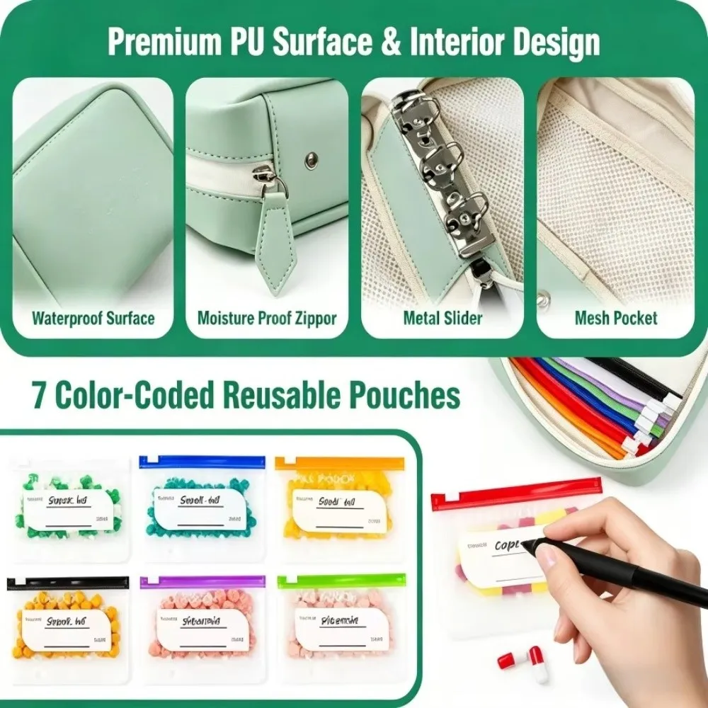 7/14PCS BPA-Free Weekly Pill Organizer Color Coded Waterproof Medicine Storage Case Zipper Design Reusable Medicine Pouch Set