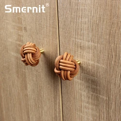 2pcs Handmade Cattlehide Knot Handle Cowhide Brass Door Handle Leather Furniture Handles for Kitchen Cabinets and Drawers Knobs