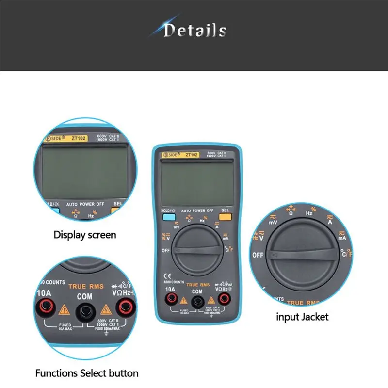 A008  ZT102 Multimeter Digital Multimeter 6000 Counts Voltage Current Tester Voltmeter Ammeter Frequency Meter
