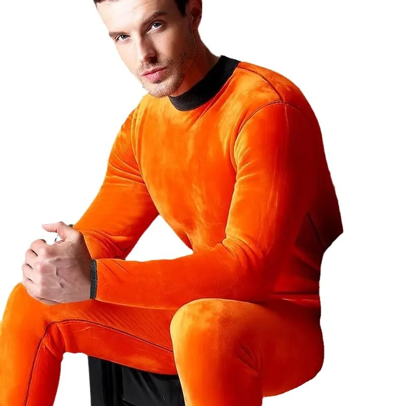 Gold Fleece Thermal Underwear Men's Middle Collar Thickened Fleece Middle-aged and Elderly Long Johns Large Size Cold-proof Suit