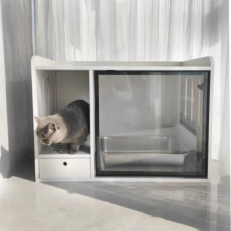 Solid wood semi-enclosed cat toilet, odor-proof and leak-proof sand cleaning cabinet, balcony corridor anti