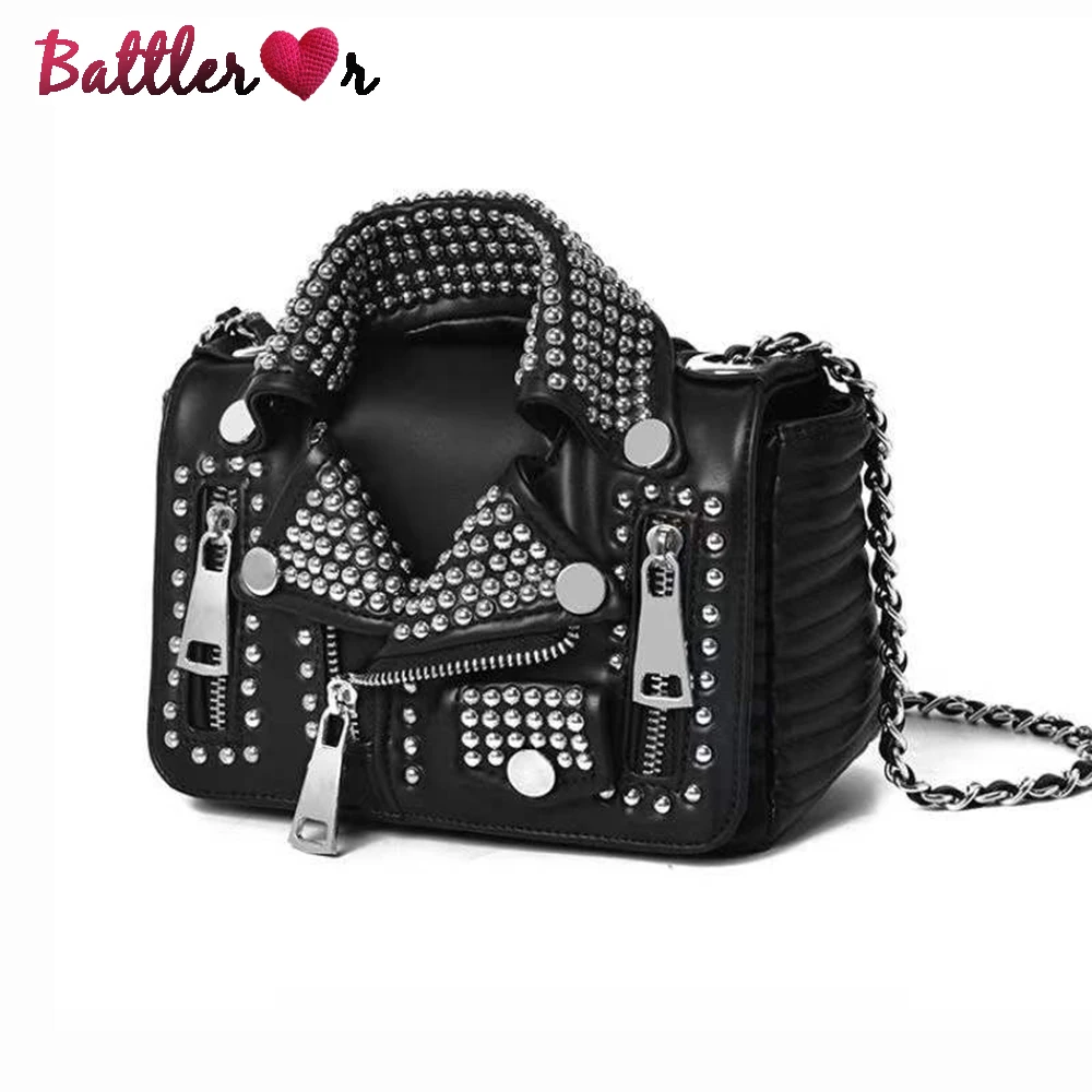 Luxury Designers Women Leather Bags Handicraft Rivet Jacket Punk Style Messenger Bags Ladies Shoulder Crossbody Bag Gold Silver