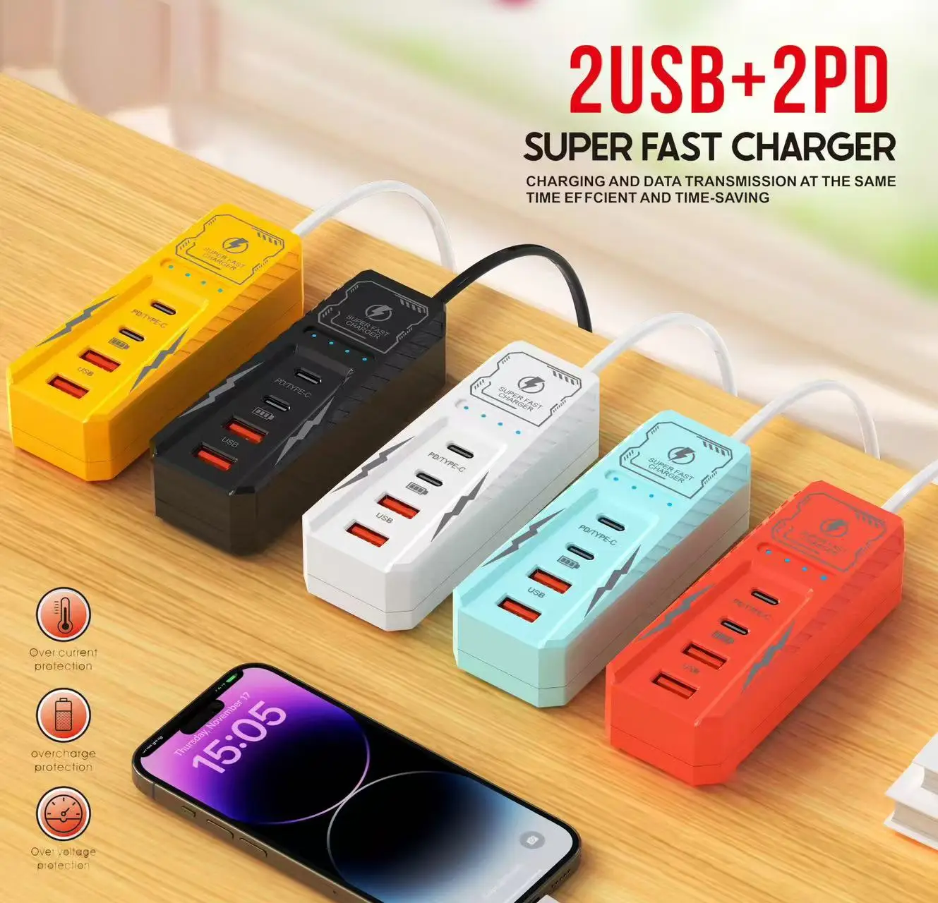 4 Ports USB Type C Charger Fast Charging Wall Charger Phone Adapter For iPhone 16 15 Pro Max Xiaomi Samsung Huawei Power Socket