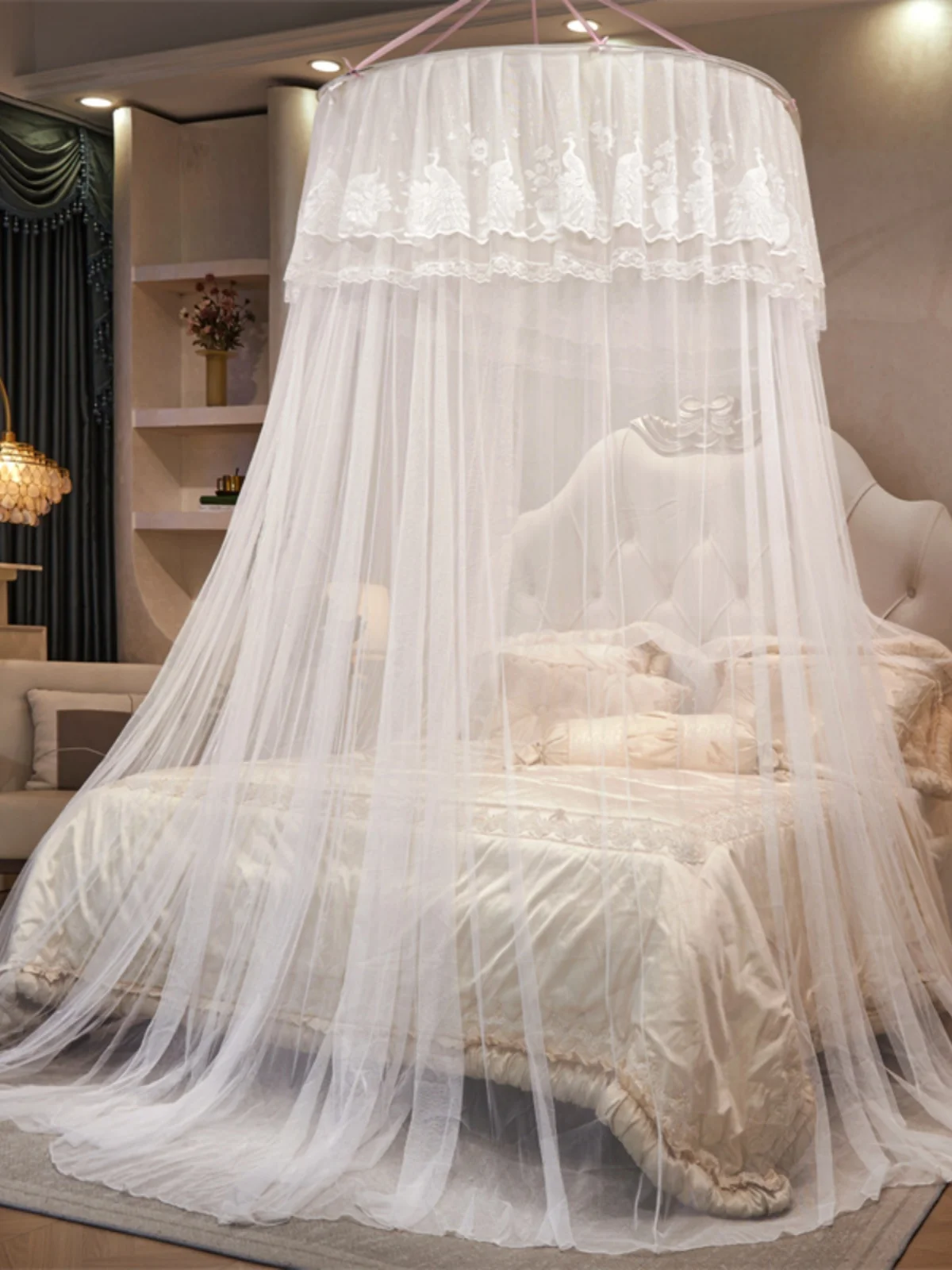 

2025 New round Top Mosquito Net No Installation Bedroom Use Princ Sle Floor Standing Bed Curtain Double Layer Lace