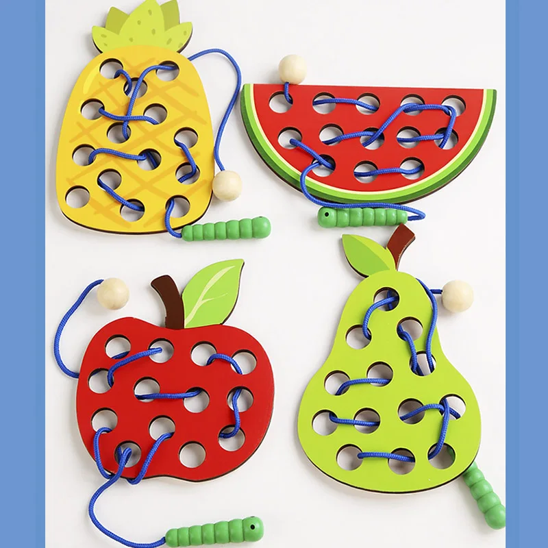 1 セット子供の楽しいモンテッソーリ果物糸通しおもちゃ手と目のコーディネーショントレーニング教材ボードゲーム知育玩具