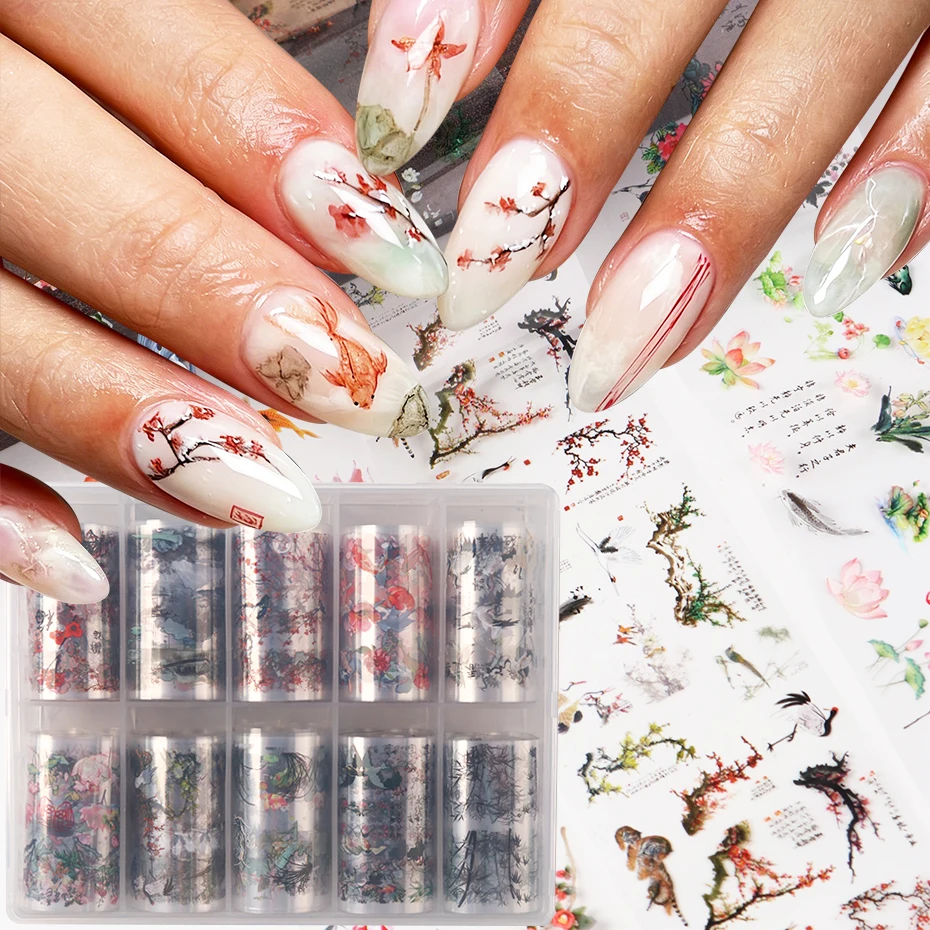 10 Rollen Nagelfolien-Transferaufkleber im chinesischen Tuschmalerei-Stil mit Bambus, Kranichen, Goldfischen, Pflaumenblüten und Lotus-Nageldekoration – Detail 2