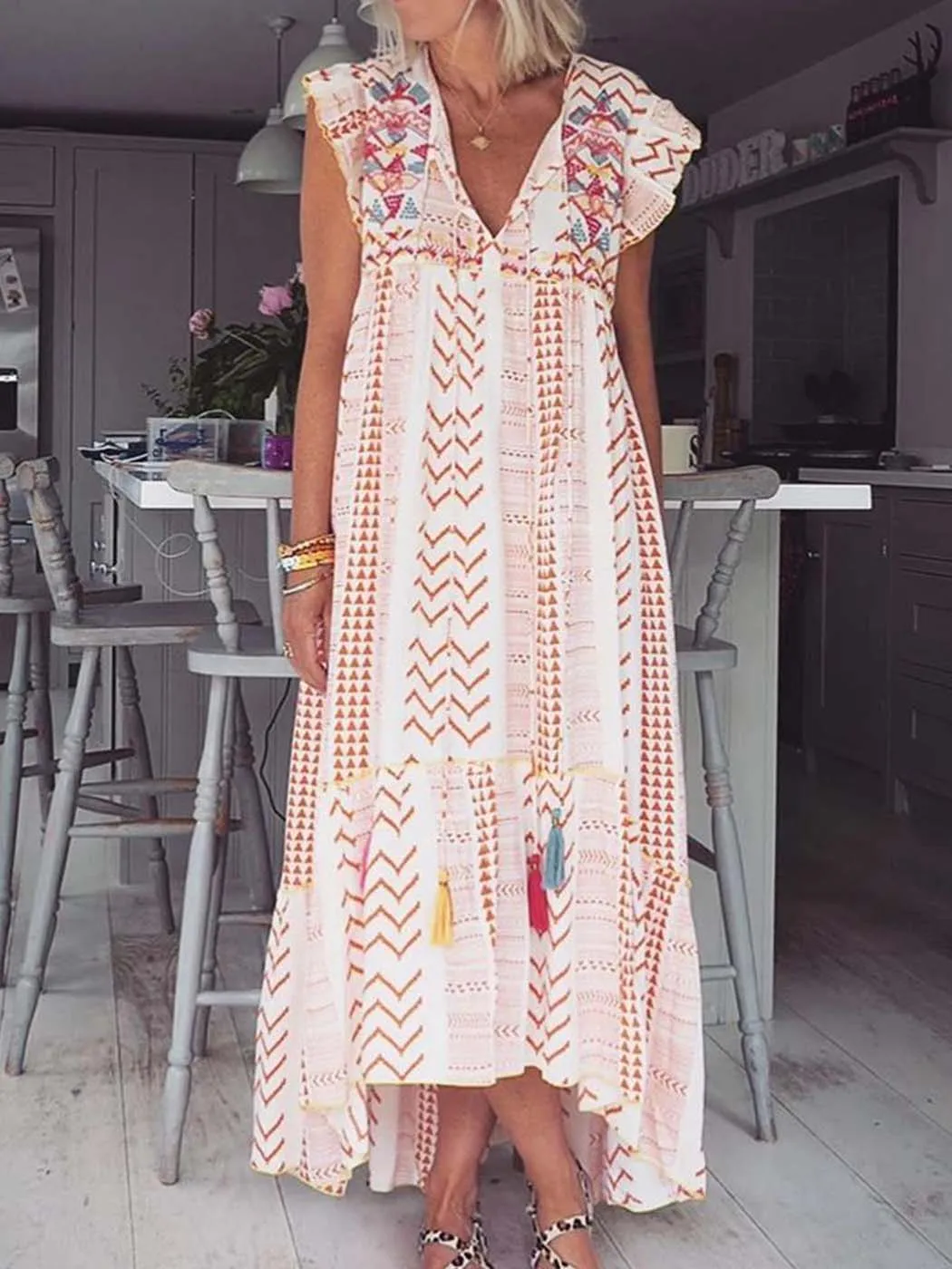 Jastie Bohemian Print Long Dress Summer 2022 Flying Sleeve V Neck Patchwork Loose Casual Vacation Dresses Women Elegant Vestidos