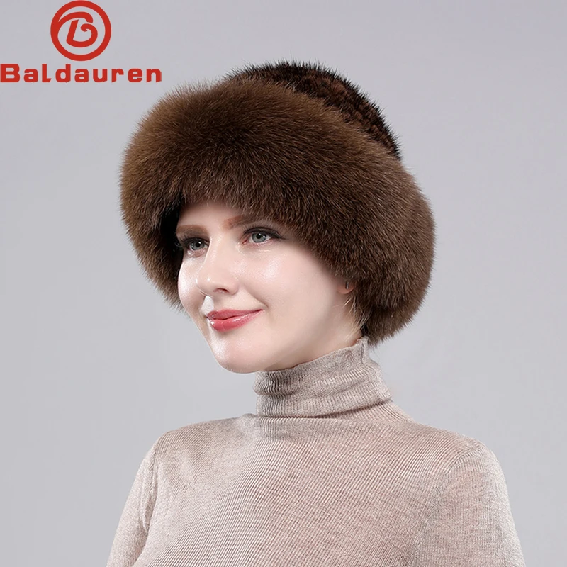 2024 New Girls Quality Soft Genuine Mink Fur Hats Women Winter Luxury Knitted Real Mink Fur Bomber Hat Natural Warm Fox Fur Cap