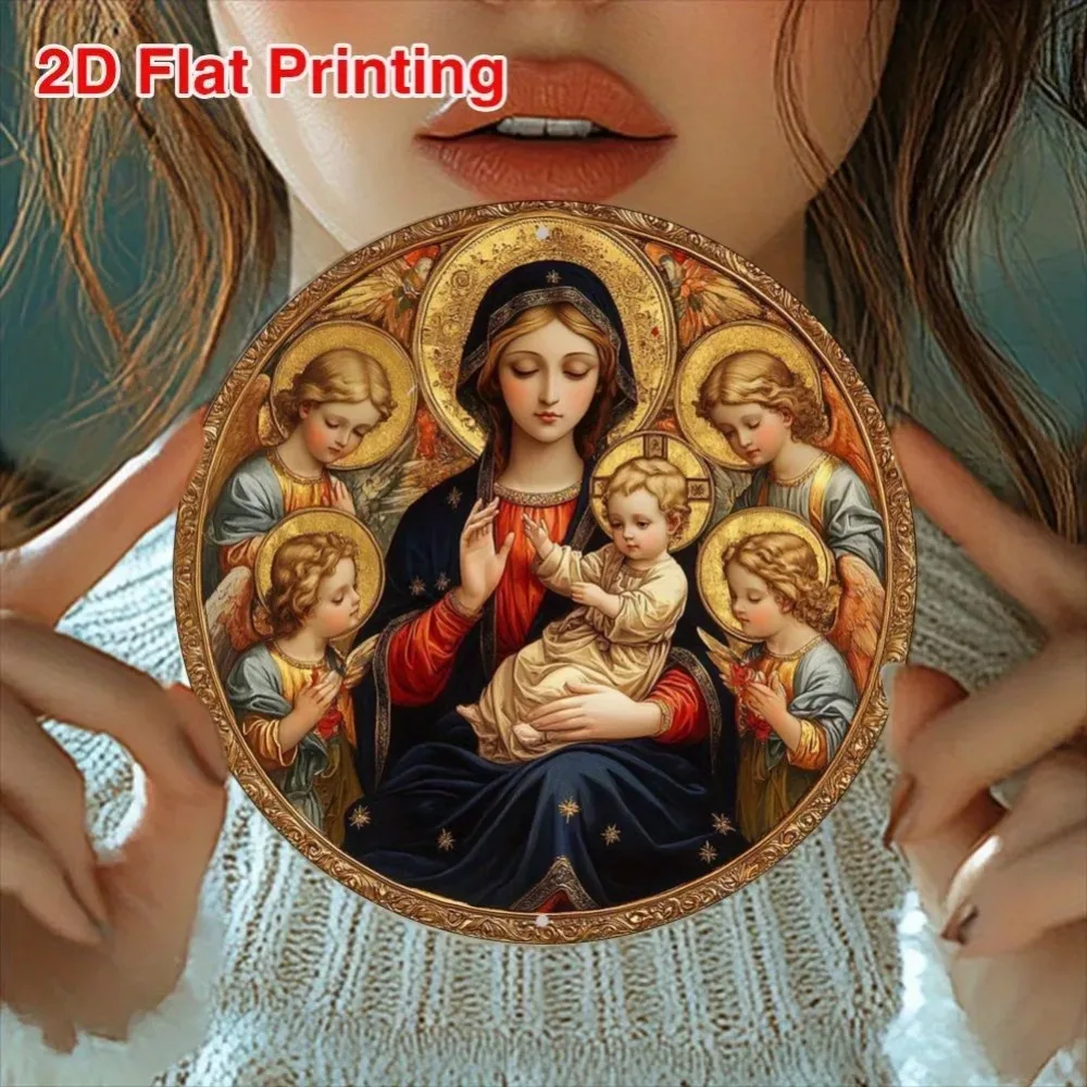 2026 2D Flat Vintage Religious Virgin Mary Wooden Sign, Rustic Blessed Mother Jesus Angels Wall Art, Catholic Christian Nativ