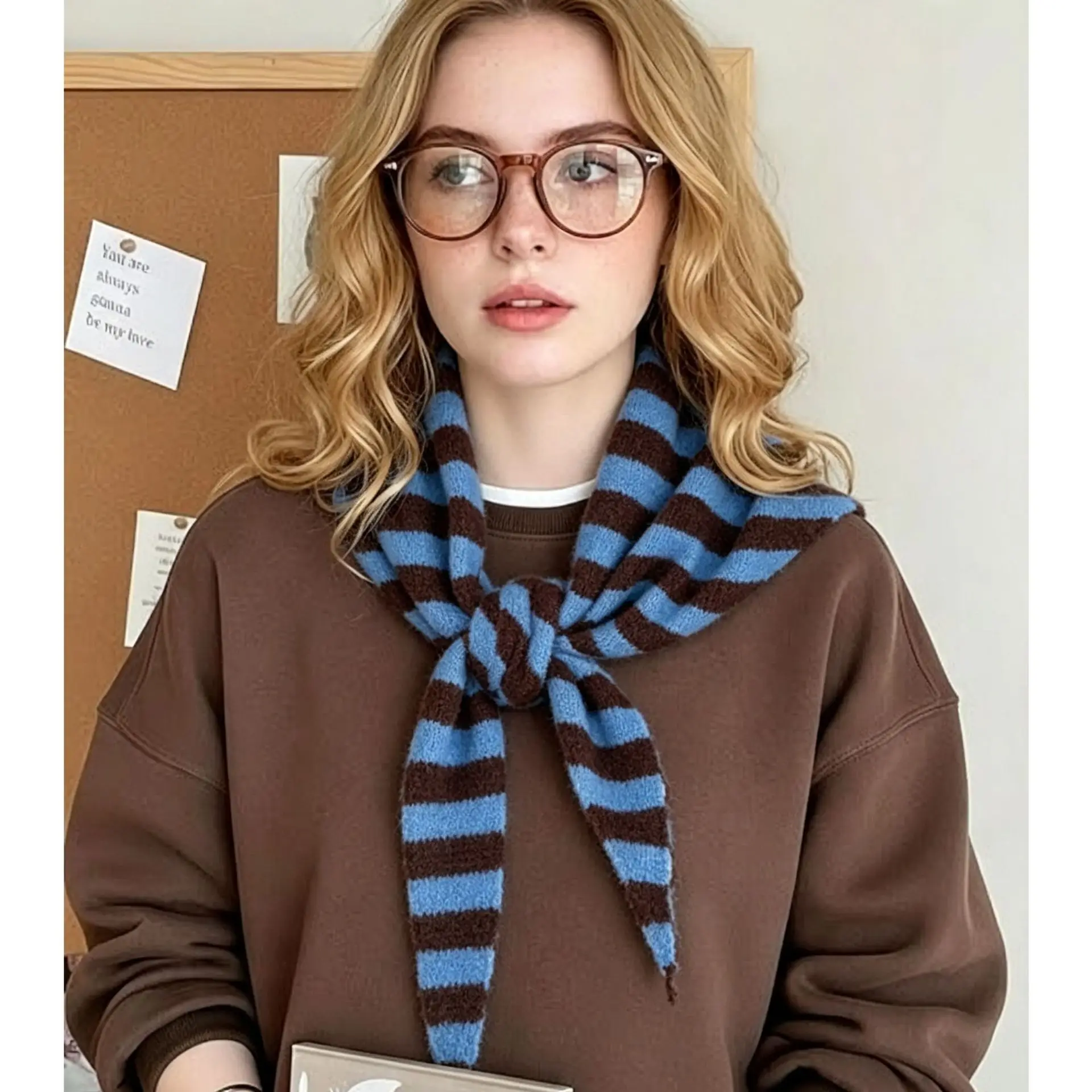 Women Triangle Scarf Striped Preppy Style Warm Neck Wrap Autumn Winter Small Shawl