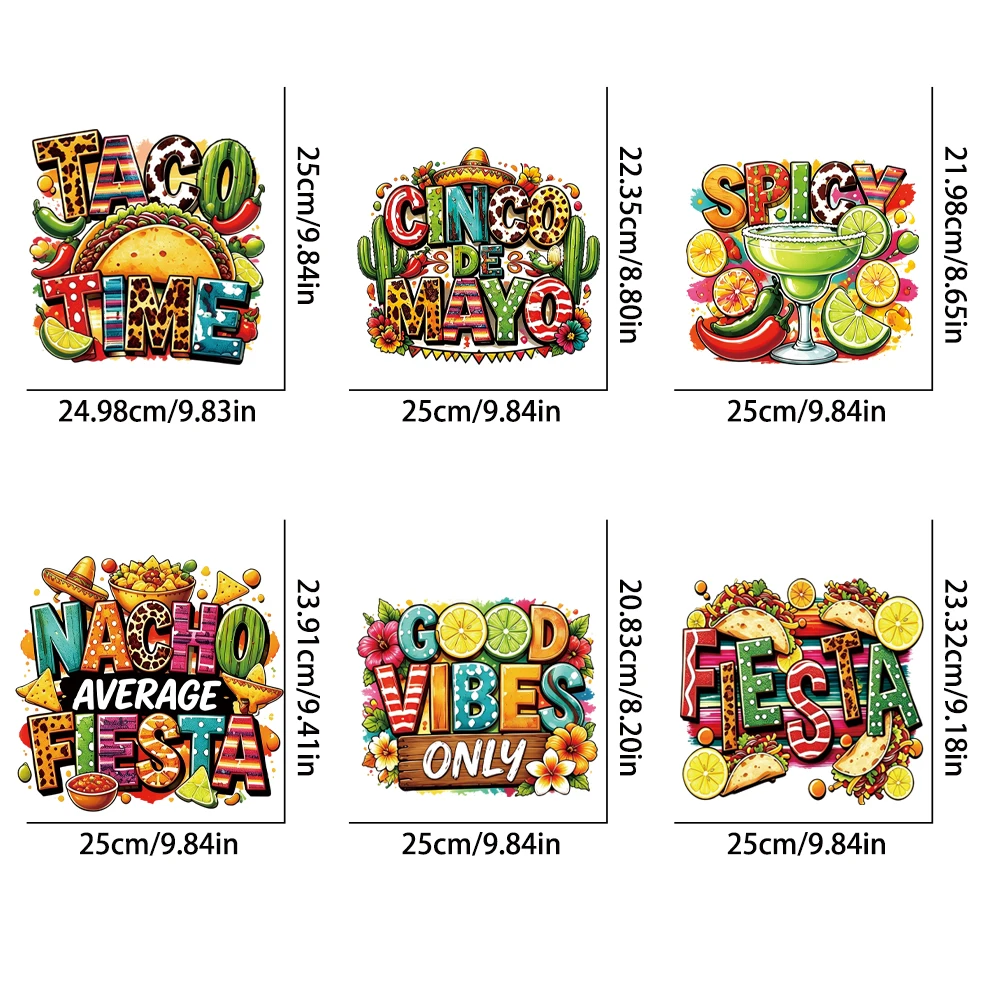 6Pcs Cinco de Mayo Taco Time HTV, Mexican Fiesta Iron-on, High Color True-Tone, Wash Abrasion Proof for Summer Party Tees
