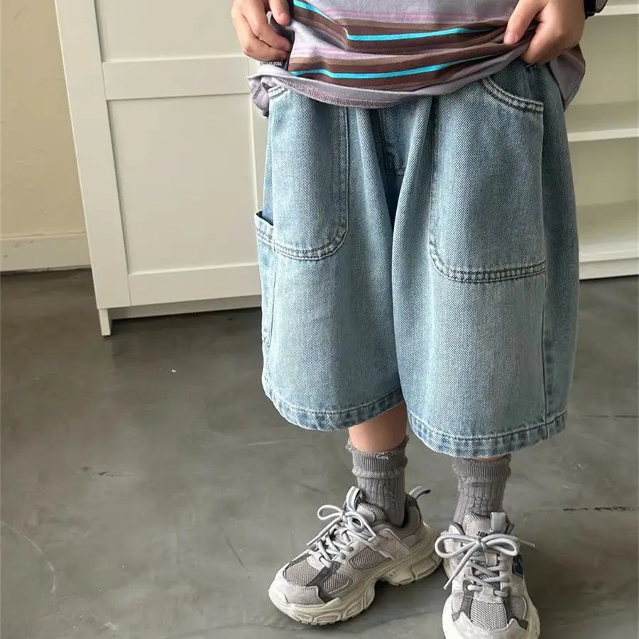 Korean 2-10Y Boys Denim Shorts Summer Thin New Kids Solid Color Fashion Short Pants Children Cotton Casual Knee Length Shorts