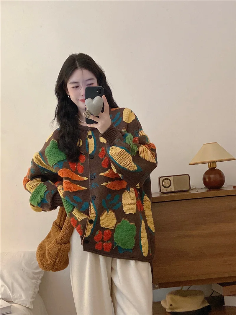 Jacquard Sweater Contrasting Color Forest Warm Cardigan Jacket for Women's Autumn and Winter 2024 New Loose Knit Sweater Top