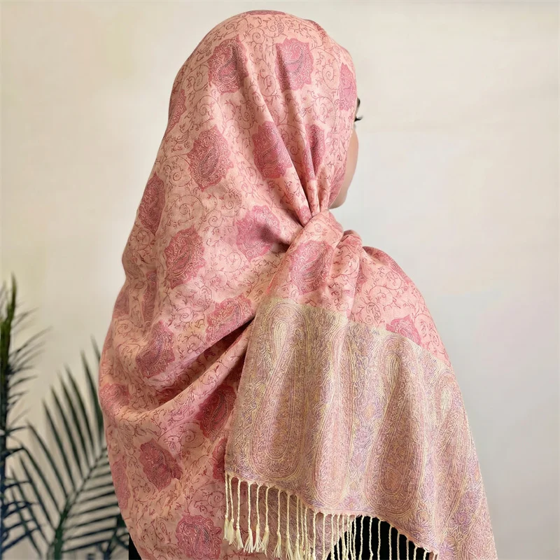 Blush Pink Vintage Paisley Jacquard Scarf Women Tassel Trim Shawl Wrap Palace Style Scarves For Autumn Winter Formal Event Gift view 2