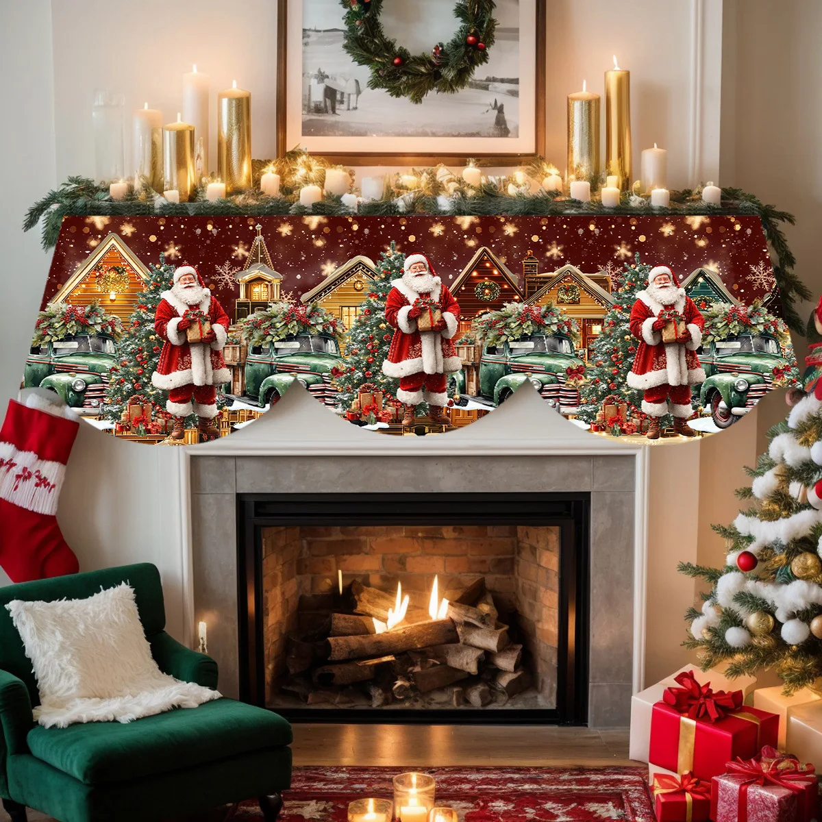 1 Piece Christmas Snow Scene Themed Fireplace Scarf with Santa Claus and Truck Gift Pattern, Perfect for Holiday Home Decoration