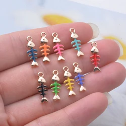 6pcs Copper Golden Enamel Mini Fish bone Charms Two-sided Dripping oil Pendant DIY Jewelry Earring Making
