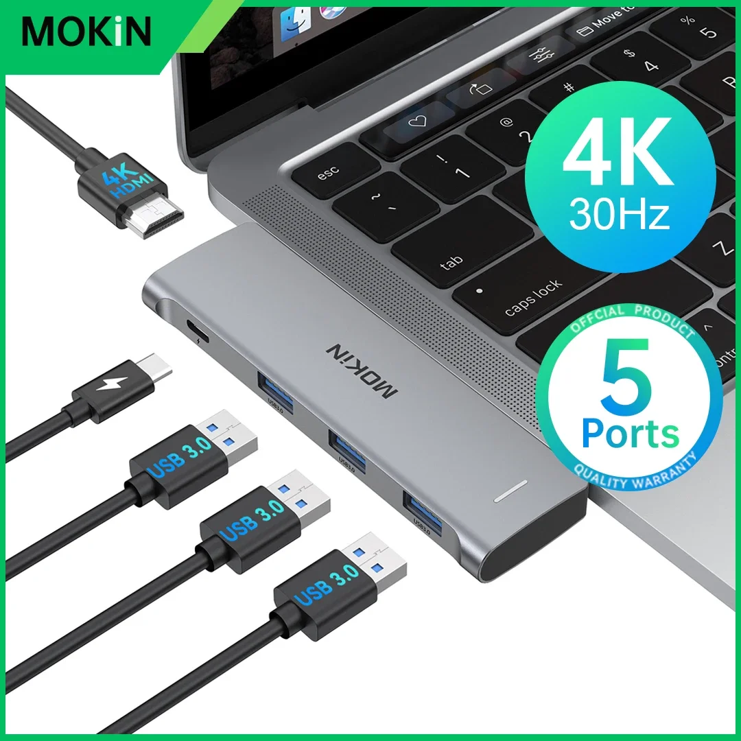 MOKiN 5 in 2 USB C HUB Type-C to HDMI 4K 30Hz Thunderbolt 3 Port Adapter for MacBook Pro Air M1 3 USB 3.0 5Gbps Docking Station