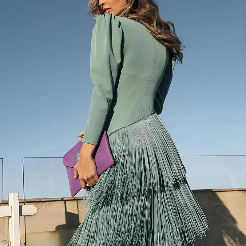 New 2026 French Elegant Deep V Neck Prom Dresses for Women Spring Fashion Spliced Tassel Dress Woman Long Sleeve Slim Maxi Dress
