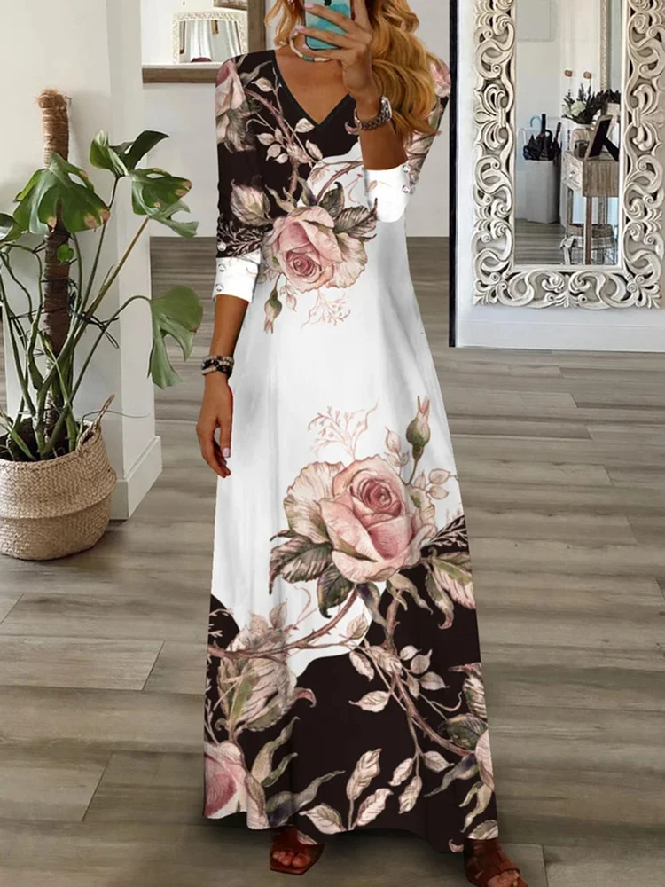 Party Dress Women Spring Summer V-Neck Long Sleeve Elegant Fashion Printing Loungewear Ladies Maxi Dress Streetwear Dropshipping