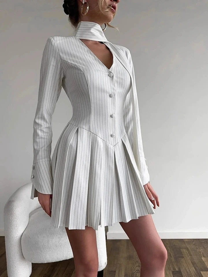 

Elegant Long Sleeve Slim A-line Dress Temperament High Waist Simple Commute Dress Fashion V-neck Stripe Printed Pleat Mini Dress