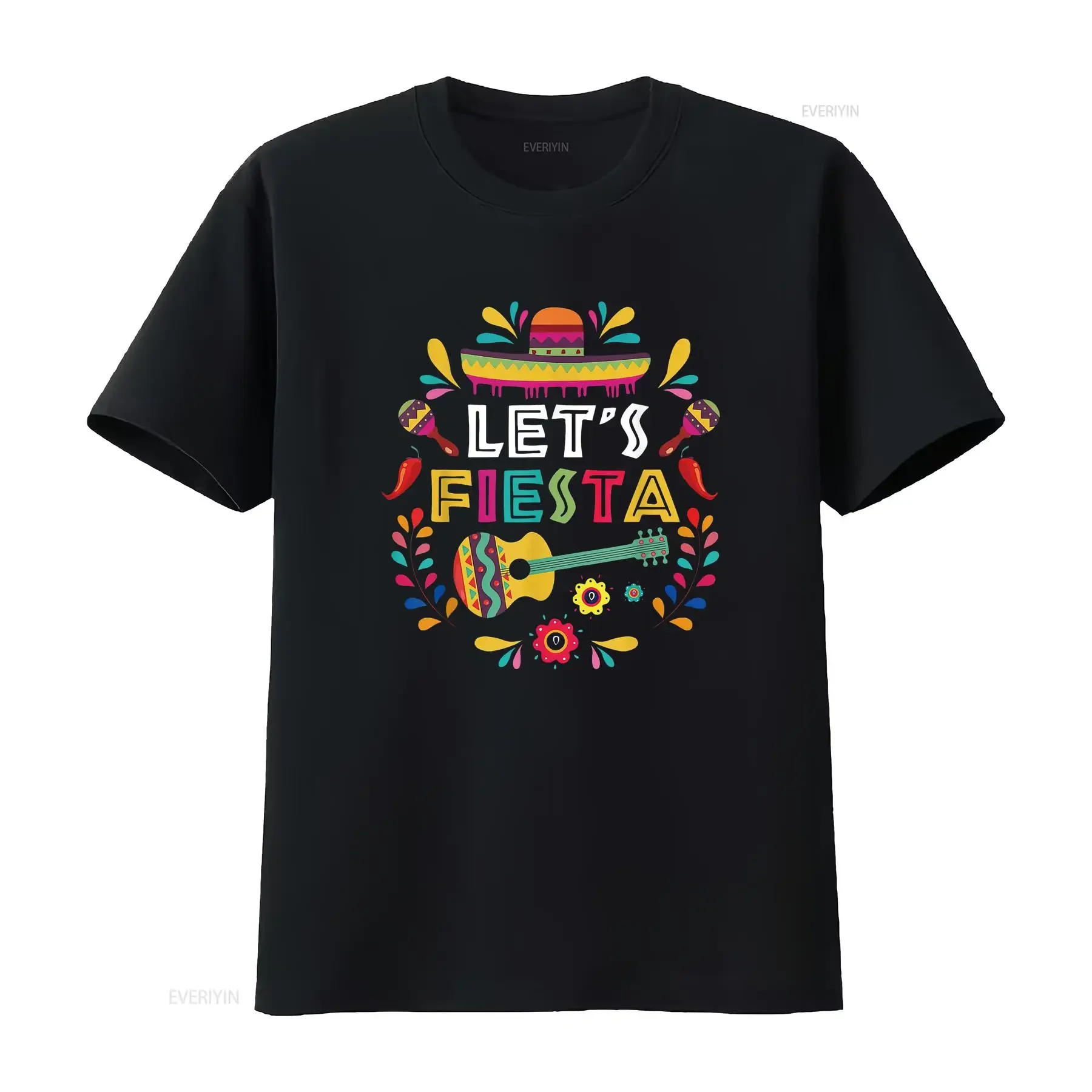 Lets Mexican Fiesta Cinco De Mayo Party Colourful Guitar Fun T Shirt vintage Washed Stretched Breathable Unisex fashion homme