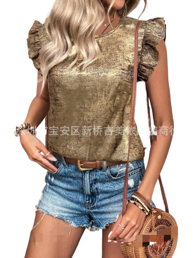 

Round Neck Pullover Ruffle Top Backless Bow Casual T-shirt For Spring And Summer Fashionable And Simple