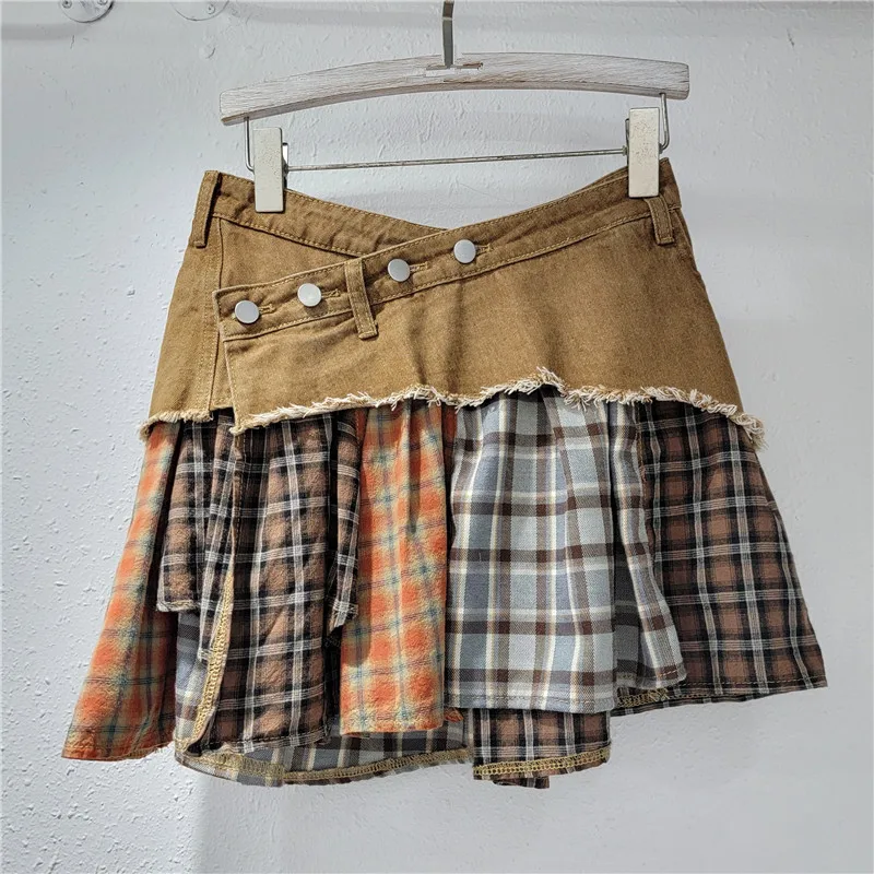 Women Plaid Denim Patchwork Streetwear Irregular A-line Mini Skirt 2025 Summer Street Female Classic Jeans Cargo Skirts