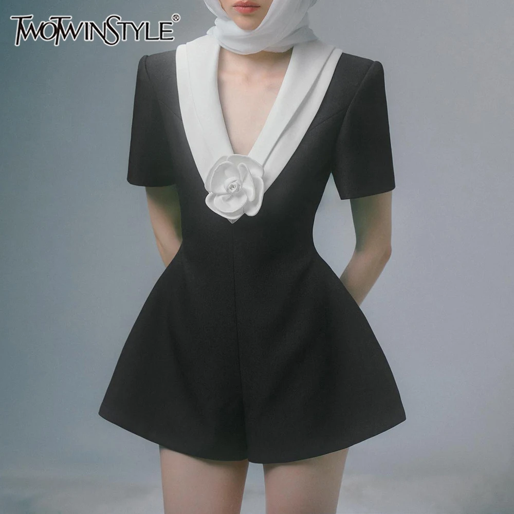 

TWOTWINSTYLE Hit Color Spliced 3D Flower Elegant Mini Dresses for Women V Neck Short Sleeves Tunic Fashion Dress Female Clothing