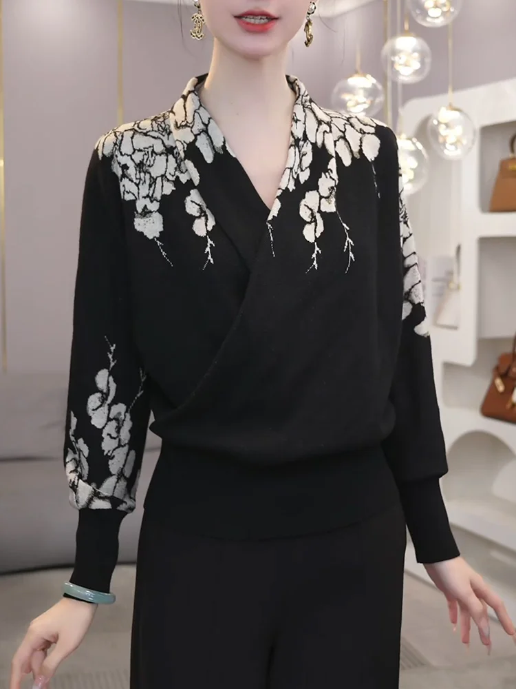 

Retro Design Bla Long Sve V-Ne plus Size Slimming Top Women's Faion Autumn 2025 New Sle Commute Korean Loose Fit