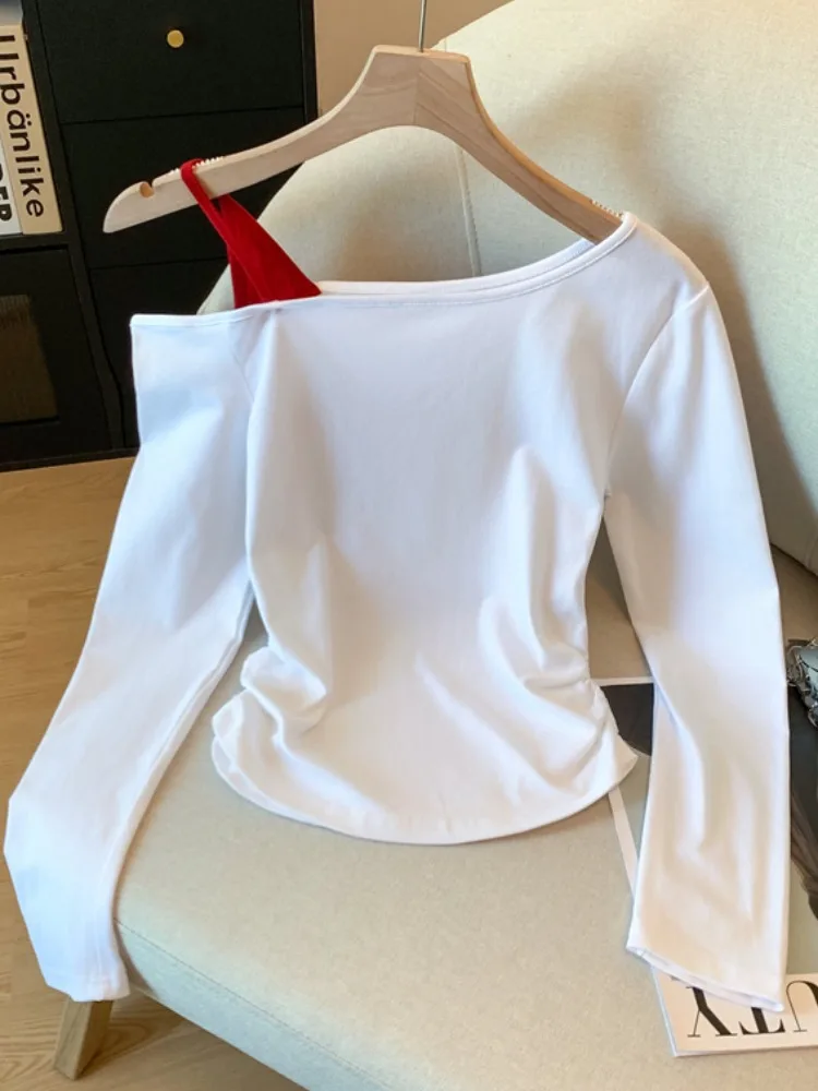 تي شيرت نسائي طويل مكون من قطعتين من oulder Bared تي شيرت نسائي جديد أوائل الخريف ذو ثنيات جديدة ذات ثنيات غير متماثلة... #5