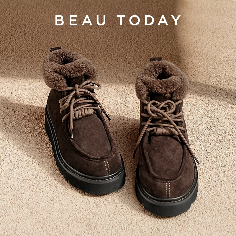 BEAUTODAY laine bottes de neige femmes vache daim cuir bout rond à lacets fermeture plate-forme hiver dames chaussures chaudes 08233