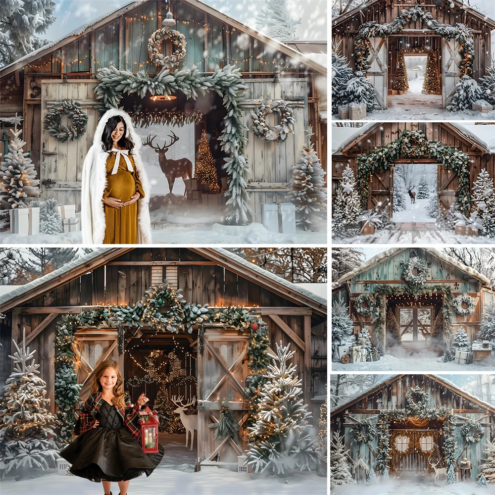 

Winter Snowy Barn Photography Background Green Christmas Wreath Decor Baby Show Backdrop Elk Snowflake Xmas Tree Photo Studio